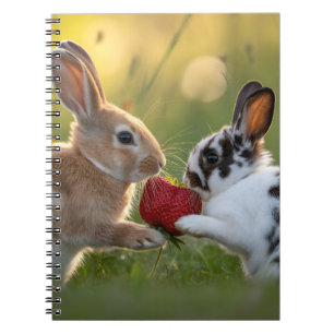 Two Baby Rabbits Sharing a Large Ripe Strawberry Notebook