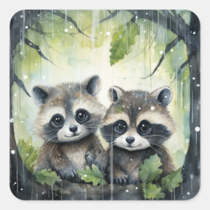 Two Baby Raccoons in the Rain Square Sticker