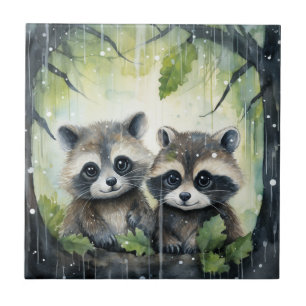 Two Baby Raccoons in the Rain Tile