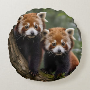 Two Baby Red Panda Bears In A Tree, Round Cushion