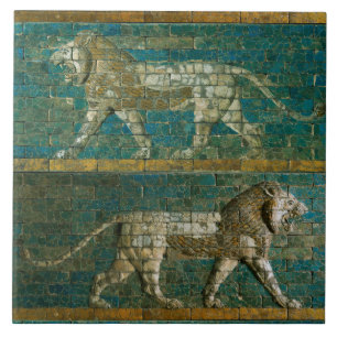 TWO BABYLONIAN LIONS Antique Assyrian Art Tile