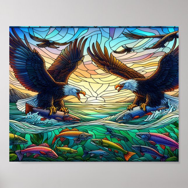 Two Bald Eagles Catching Fish Over water 10x8 Poster (Front)