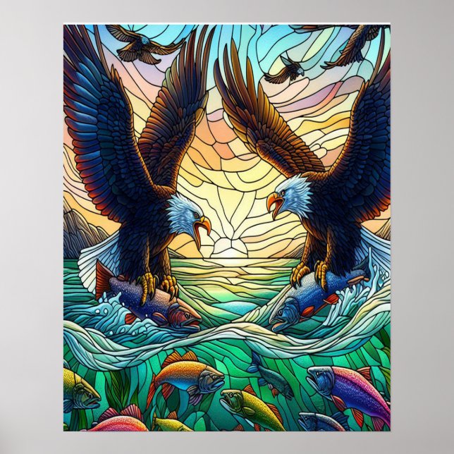 Two Bald Eagles Catching Fish Over water 16x20 Poster (Front)