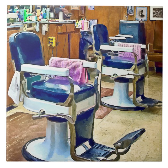 Two Barber Chairs With Pink Striped Barber Capes Tile (Front)