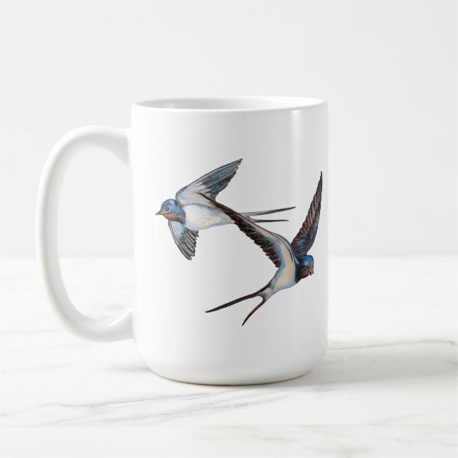 Two Barn Swallows Flying High in the Blue Sky Coffee Mug (Left)