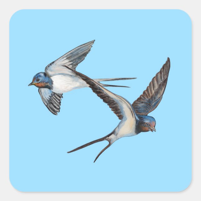 Two Barn Swallows Flying High in the Blue Sky Square Sticker (Front)