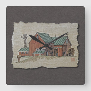 Two Barns & Hay Wagon Square Wall Clock