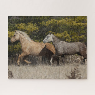 Two Bashkir Curly Horses Running Together Jigsaw Puzzle