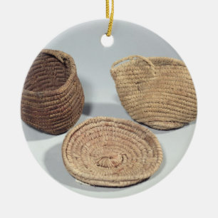 Two baskets and a cover (woven palm fronds) ceramic tree decoration