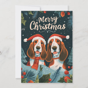 Two Basset Hound Merry Christmas Holiday Card