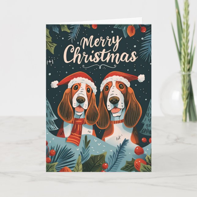Two Basset Hound Merry Christmas Personalised Holiday Card (Front)