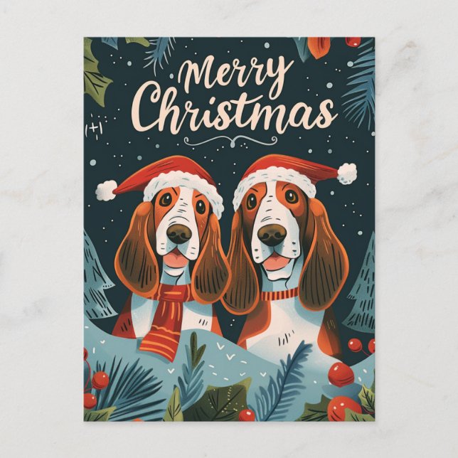 Two Basset Hound Merry Christmas  Postcard (Front)