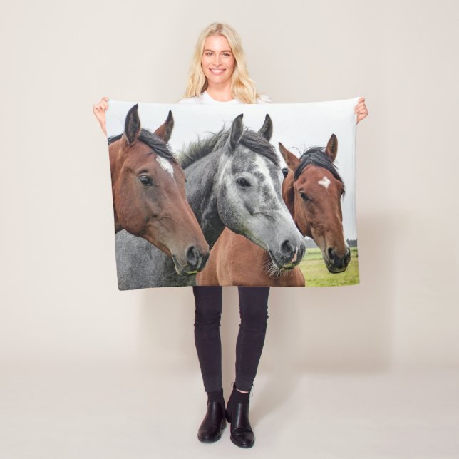 Two Bays and a Grey, Three Horses in a Row Fleece Blanket (In Situ)