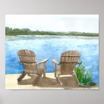 Two Beach Chairs by the Lake, Watercolor Painting