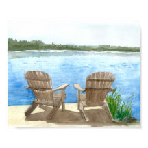 Two Beach Chairs by the Lake, Watercolor Painting