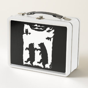 Two Bears Dancing in Woods Owl in Tree Silhouette Metal Lunch Box