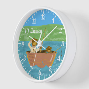 Two Bears Fishing Nursery Room Acrylic Wall Clock