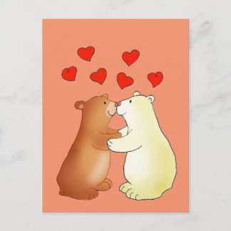 Two bears kissing and love hearts postcard