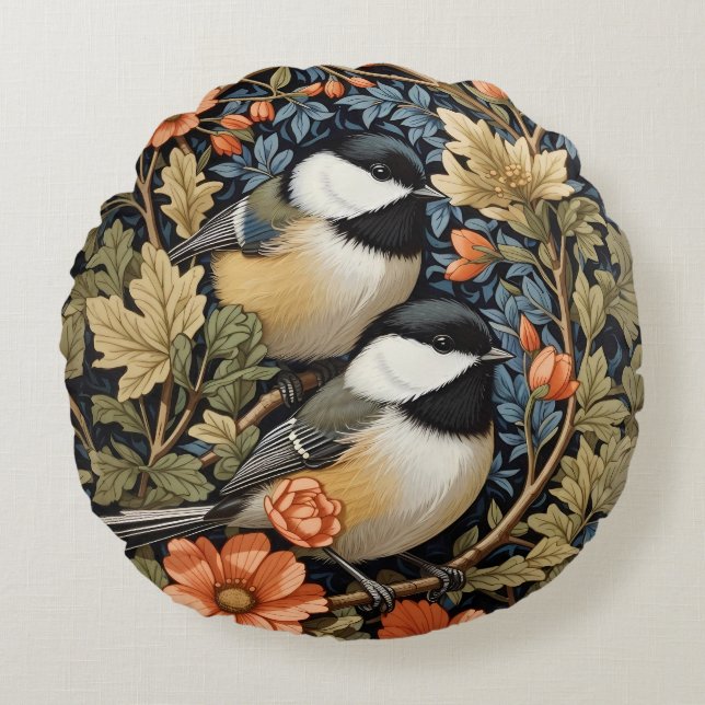 Two Beautiful Black-Capped Chickadees Round Cushion (Front)