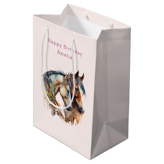 Two Beautiful Horses Western Boho Birthday Medium Gift Bag (Back Angled)