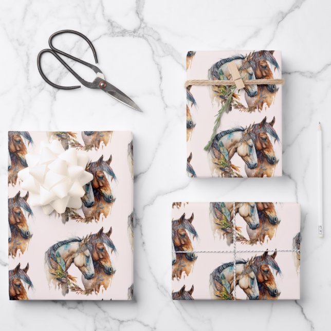 Two Beautiful Horses Western Boho Pattern Wrapping Paper Sheet (Front)