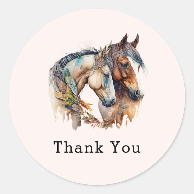 Two Beautiful Horses Western Boho Thank You Classic Round Sticker (Front)