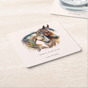 Two Beautiful Horses Western Boho Wedding Square Paper Coaster