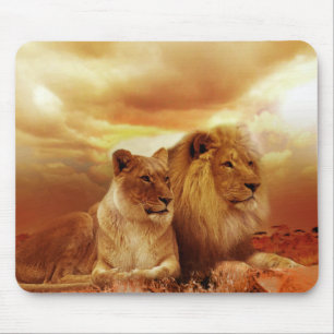 Two Beautiful Lions Resting in the Wild Mouse Mat