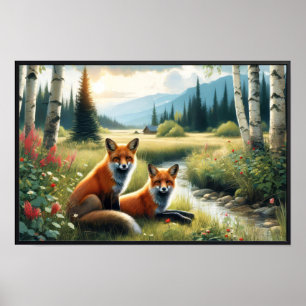 Two Beautiful Red Foxes Resting Poster