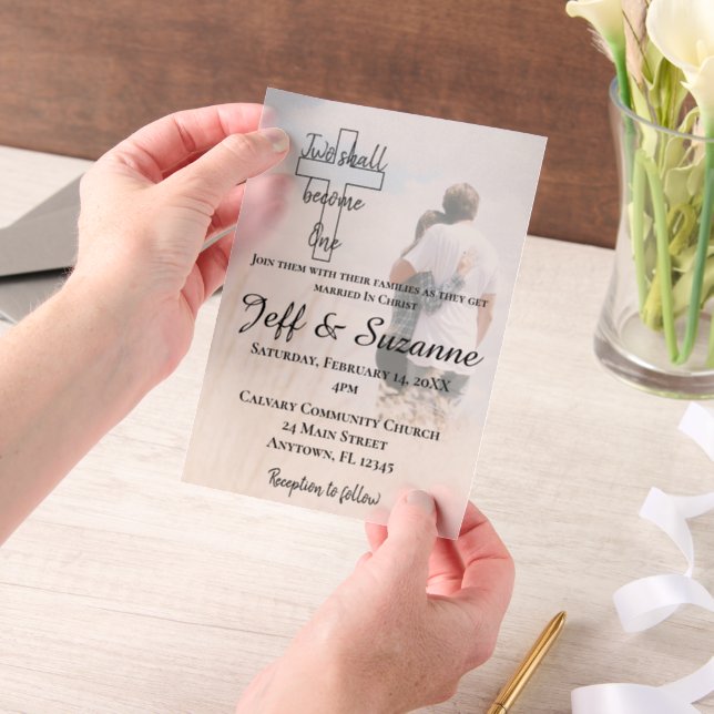 Two Become One Christian Photo Wedding Vellum Invitations (Handheld)