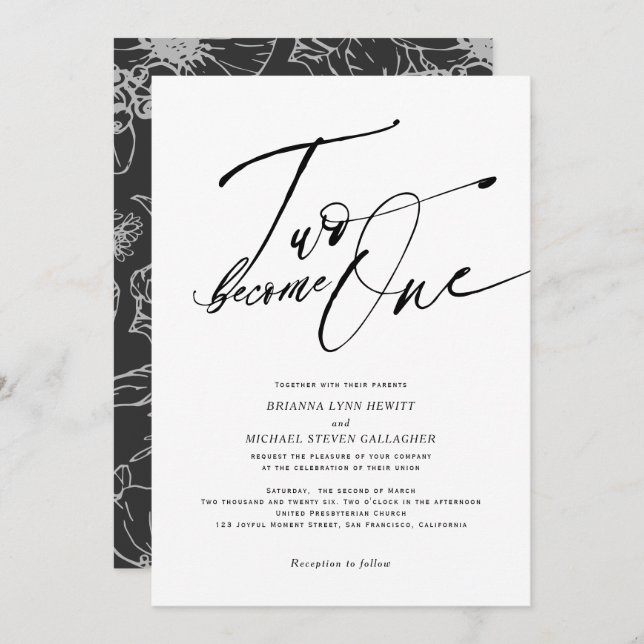 Two become One Modern Calligraphy black and white  Invitation (Front/Back)