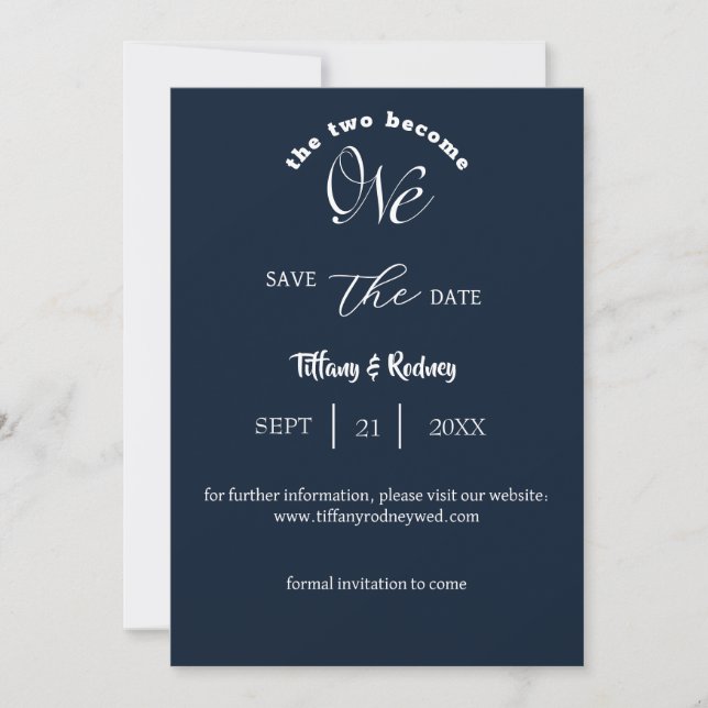 Two Become One White Script Navy Save-The-Date Invitation (Front)