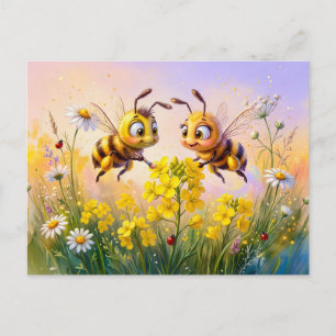 Two bees pollinating canola in comic illustration postcard