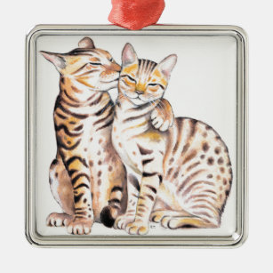 Two Bengal Cats Watercolor Art Metal Tree Decoration