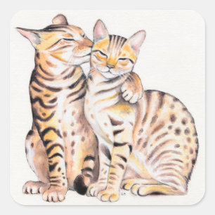 Two Bengal Cats Watercolor Art Square Sticker