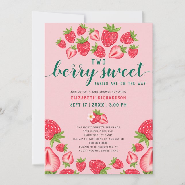Two Berry Sweet Babies Twin Strawberry Baby Shower Invitation (Front)
