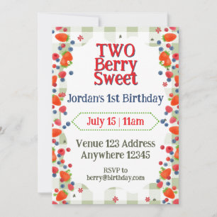 Two Berry Sweet Berries & Green Plaid 2nd Birthday Invitation