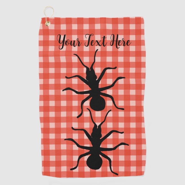 Two Big Black Creepy Crawly Ants on Plaid Golf Towel (Front)