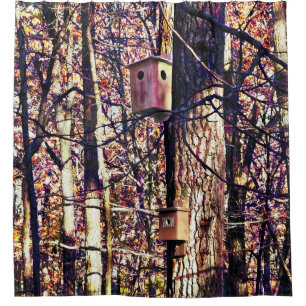 Two Birdhouses in the Autumn Woods Shower Curtain