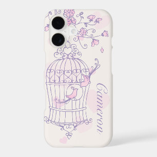 Two birds and cage pink & purple name