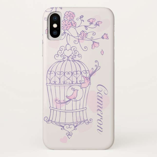 Two birds and cage pink & purple name Case-Mate iPhone case (Back)