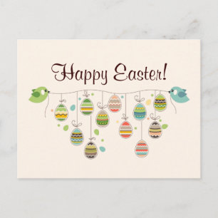 Two Birds Hold Rope with Easter Eggs Holiday Postcard