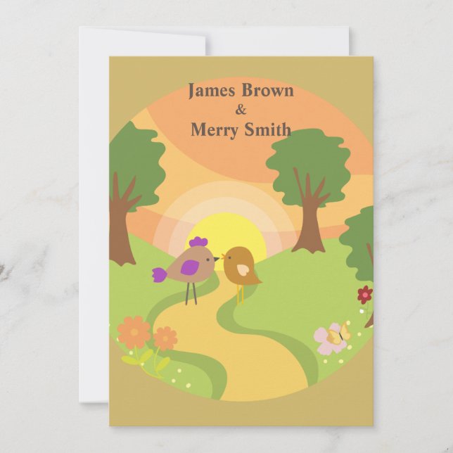 Two Birds in Love Journey Sunset Flowers Wedding Invitation (Front)