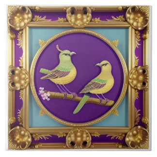 Two Birds in Ornate Gold Frame Tile