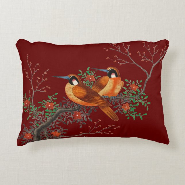 Two birds on a branch burgundy decorative cushion (Front)