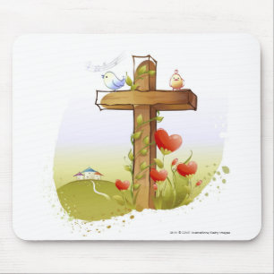 Two birds perching on a cross mouse mat