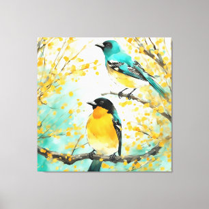 Two Birds Sitting on Tree Branch Canvas Print