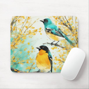 Two Birds Sitting on Tree Branch Mouse Mat
