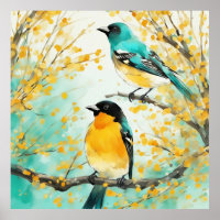 Two Birds Sitting on Tree Branch