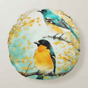 Two Birds Sitting on Tree Branch Round Cushion